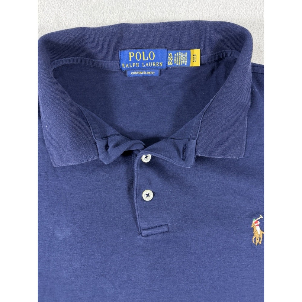 Polo Ralph Lauren Custom Slim Fit Polo Shirt Mens XL Blue Cotton Mesh Brown Pony - Picture 3 of 16